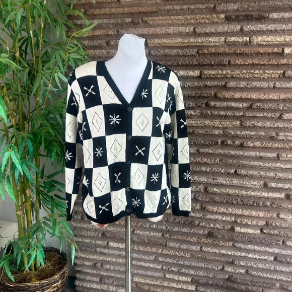 Liz Claiborne Vintage Black and White Checkered Cardigan Sweater Size 1X - Picture 6 of 8